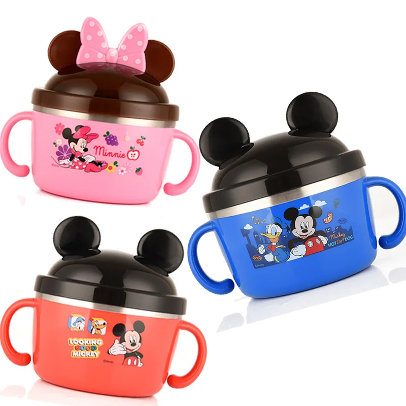 

Детская посуда из нержавеющей стали Disney с двойной ручкой и ушками 304, сохраняющая тепло детская посуда, чаша для тренировок с дополнительной...