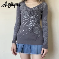 auyiufar sexy ribbed gothic fairy grunge tees goblincore printing v neck slim vintage top aesthetic fall t shirts for women 2021