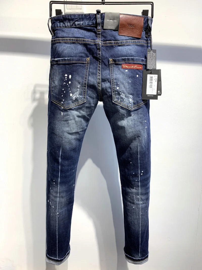 DSQUARED2 Men's/Women's Washed Blue Simple Slim-Fit Stretch Hole Patch Jeans 9702