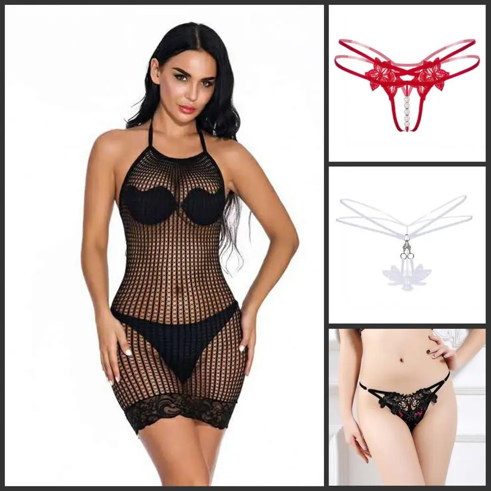 

sexy fishnet mini dress bodystocking with 3pcs lace pearl thong panties lingerie suit