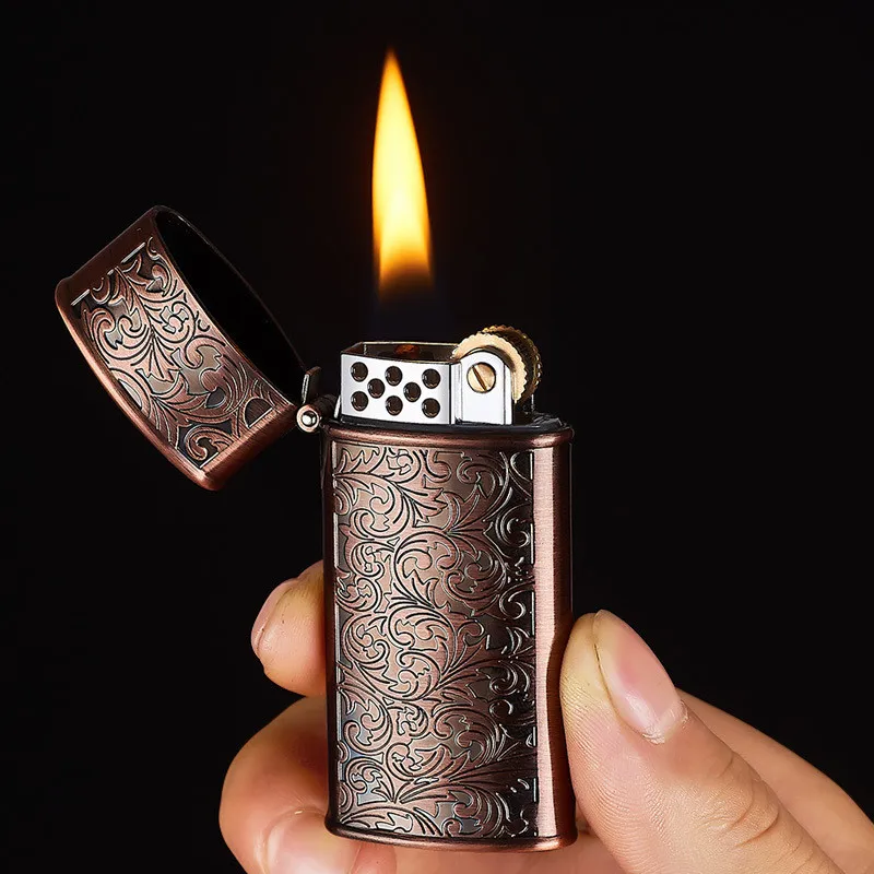 

Vintage Cigarette Lighter Refillable Kerosene Flint Lighter Emboss Brass Torch Lighters Smoking Accessories Cigarros De Sabores