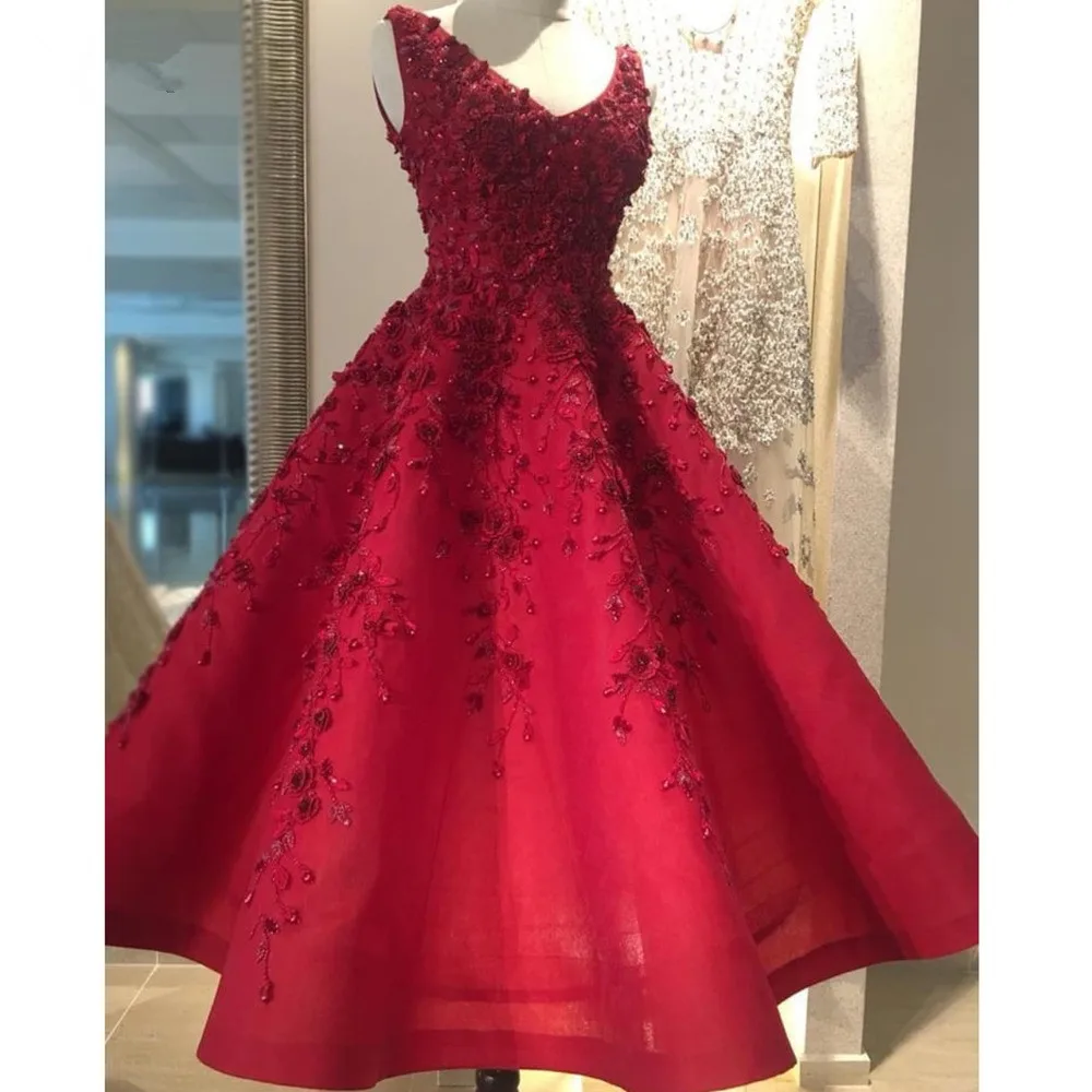 

Pretty Embroidery 2020 Beaded Red Dresses Elegant 3D Flower Lace Dresses Ankle Length Formal Party Dress Abendkleider