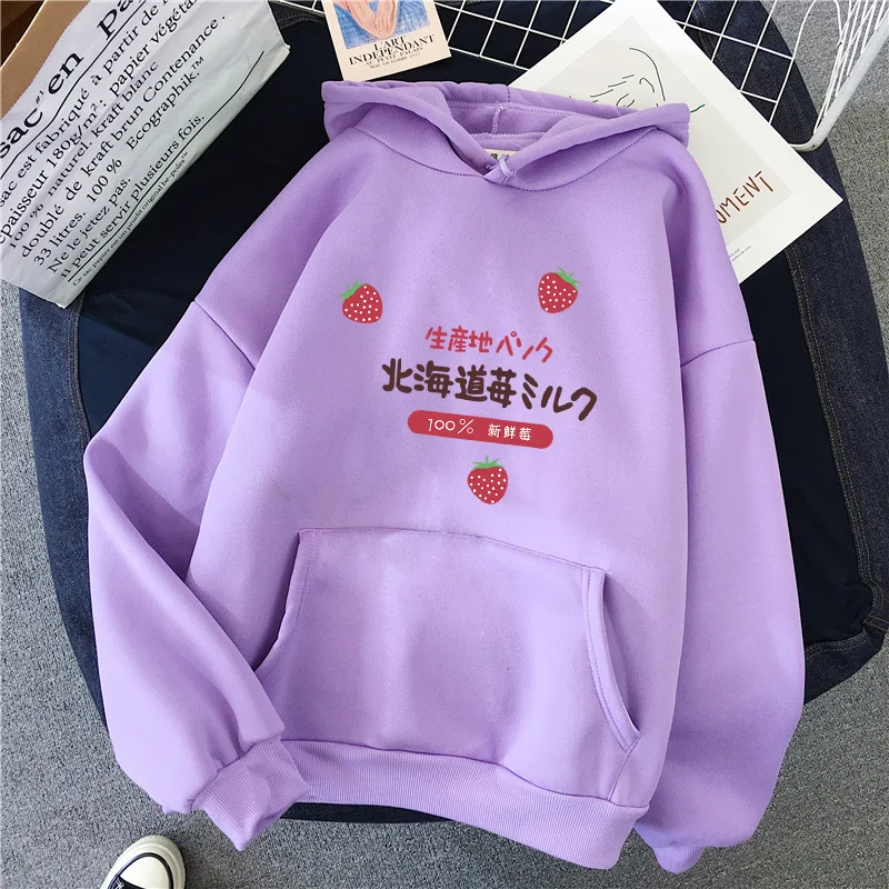 

ZOGAA Harajuku Kawaii Strawberry Milk Graphic Sweatshirt Hoodie Women Streetwear Winter Plus Size Loose Thin Hoodie Cute Clothes