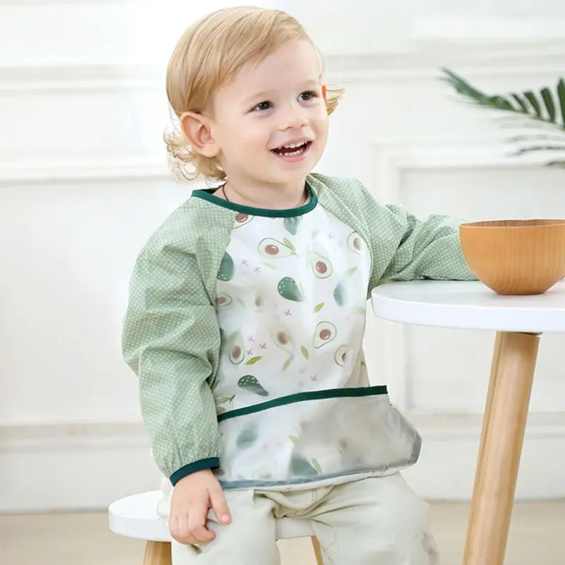 

67JC Waterproof Baby Kid Apron Toddler Cartoon Long Sleeve Art Feeding Bib Burp Cloth