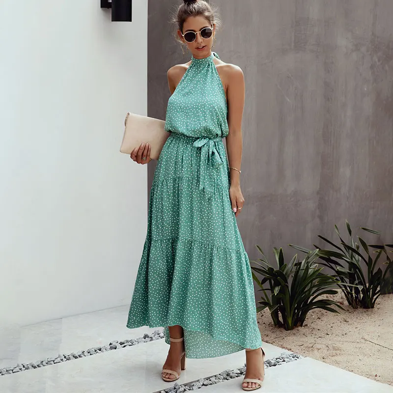 

Women Polka Dot Long Dress Sleeveless Halter Bow Turtleneck Backless Vintage Boho Holiday Beach Casual Maxi Dresses