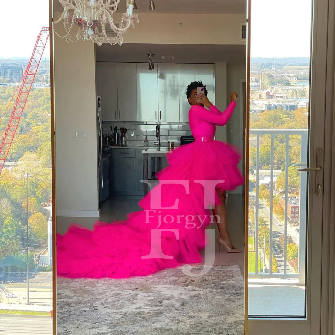 

2020 Chic Hot Pink Ruffles Tulle Women Skirts High Low Draped Bridal Tulle Mesh Long Skirts Wedding Prom Party Tulle Skirt