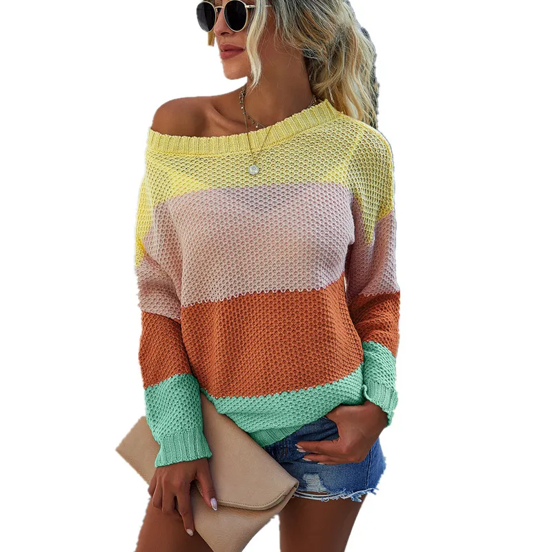 

Winter Stripe Splicing Sweater Fashion Corn Eye Design Contrast Thin Pullover Tops Casual O-neck Long Sleeve Women Street Sweate