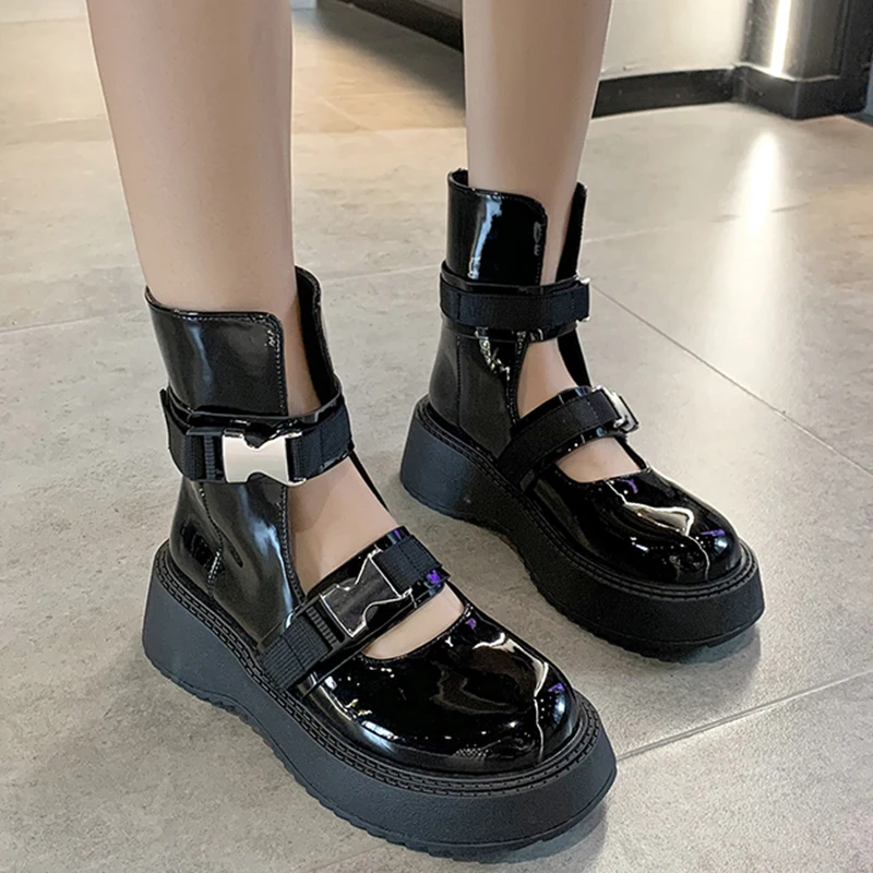 

Women Martin Boots 2021 Round Toe Height Increasing Shoes Female British Style Hollow Casual Med Heels Ankle Short Boots