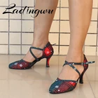 Ladingwu Лидер продаж Для женщин с рождественским принтом Джинсовая обувь для участия в конкурсах бального танца; Закрытый носок Туфли для латинских танцев; Каблук 5-8