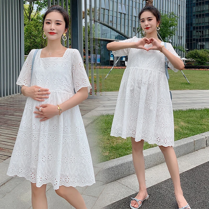 

5106# Summer Korean Fashion Maternity Dress Hollow Out Cotton Lace Clothes for Pregnant Women Elegant Loose Pregnancy Clothing
