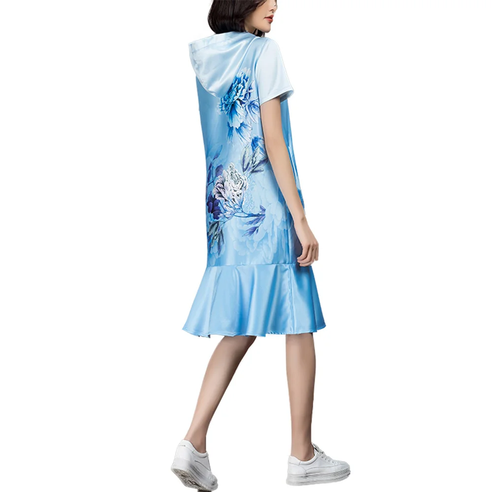 

Fashion 2021 Summer Casual Short Sleeve Floral Print Blue Hoodie Dress for Women