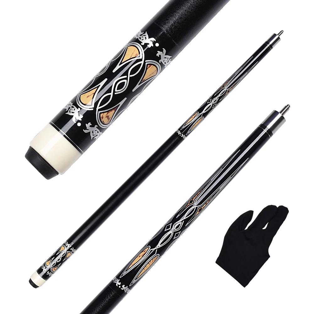 

58 Inch Billiard Pool Cues Stick Maple Shaft 13mm Tip with Radial Joint Leather Wrap Decal Butt Black Color & Free Glove