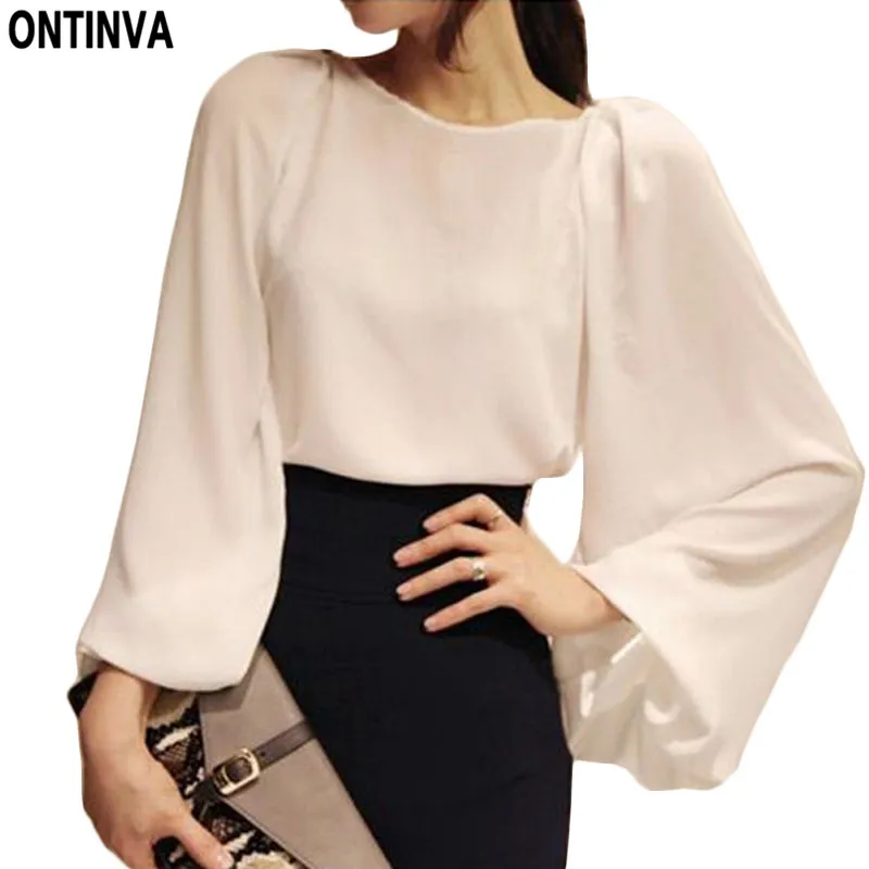 2017 Чистая Белая Блузка Blusa Шифон Женщины Офис Рубашка Puff Длинным Рукавом Блузки
