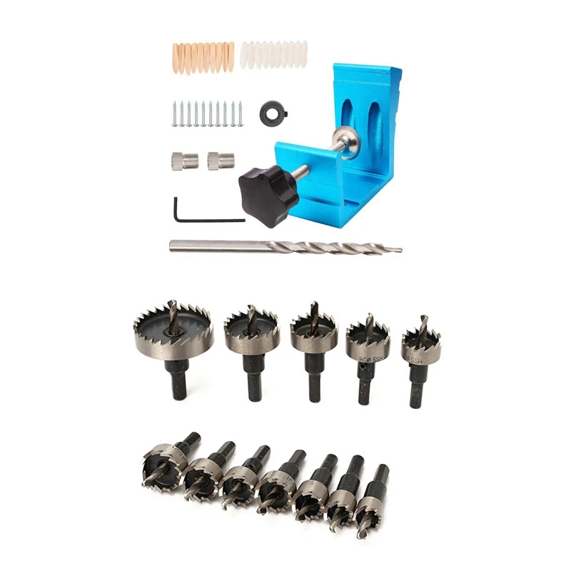 

46 Pcs Pocket Hole Jig Kit, Woodworking With Alloy Hole Saw Set(15/16/18/20/21/22/25/26/28/30/35/50)Mm