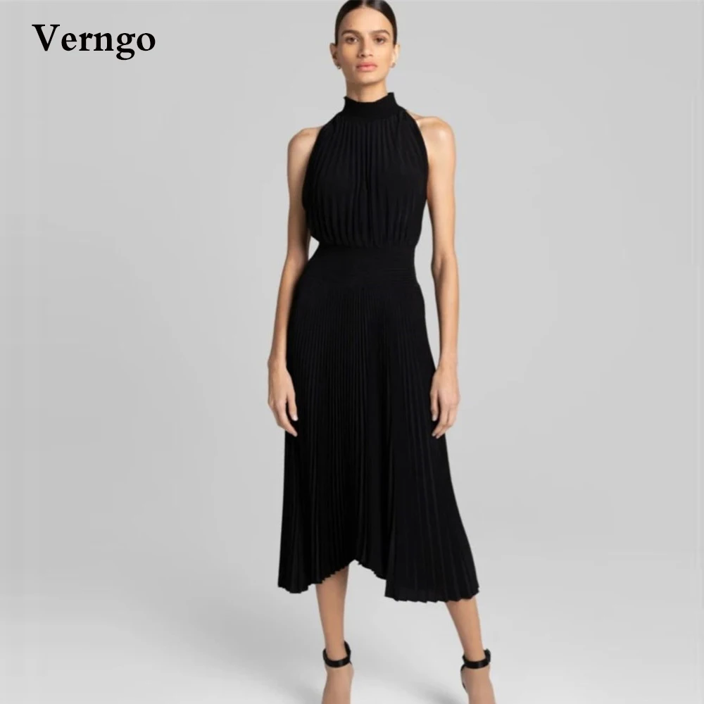 

Verngo Vintage Black Pleats Chiffon Evening Dress High Neck Asymmetric Hem Tea Length Party Dress Women Formal Occasion Gowns
