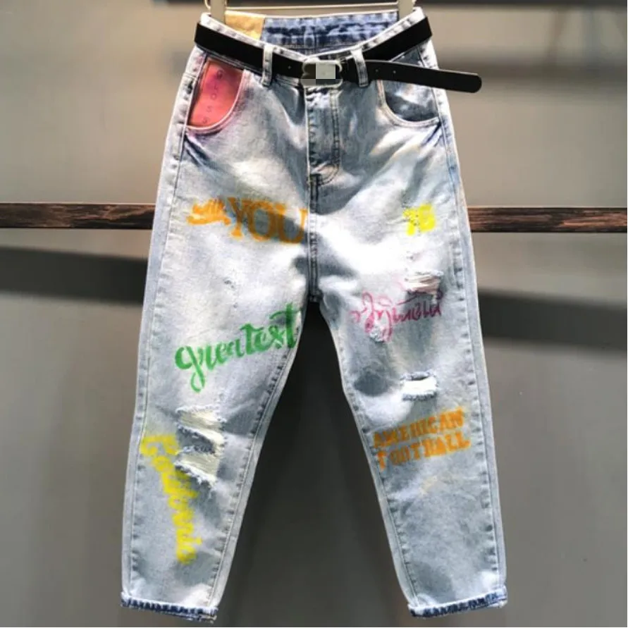 Женские свободные джинсы до щиколотки с высокой талией и принтом граффити|Джинсы