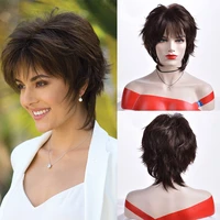 synthetic brown wigs womens wig short straight hair soft layered hair wigs for women heat resistant daily wig cosplay