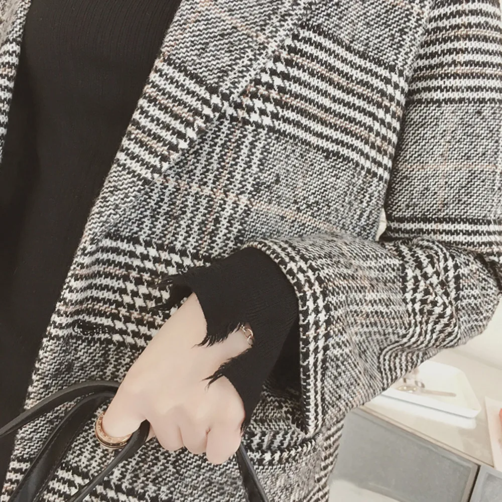 Женское зимнее шерстяное пальто с лацканами женские теплые клетчатые шерстяные