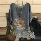 Блузка женская с круглым вырезом, винтажная хлопковая рубашка с коротким рукавом и цветочным принтом, Повседневная Туника, 2021