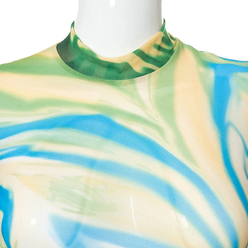 

Casaual Women Full Sleeve Dress Print Tie Dye Skinny Sheer Mesh Party Night Vestidos