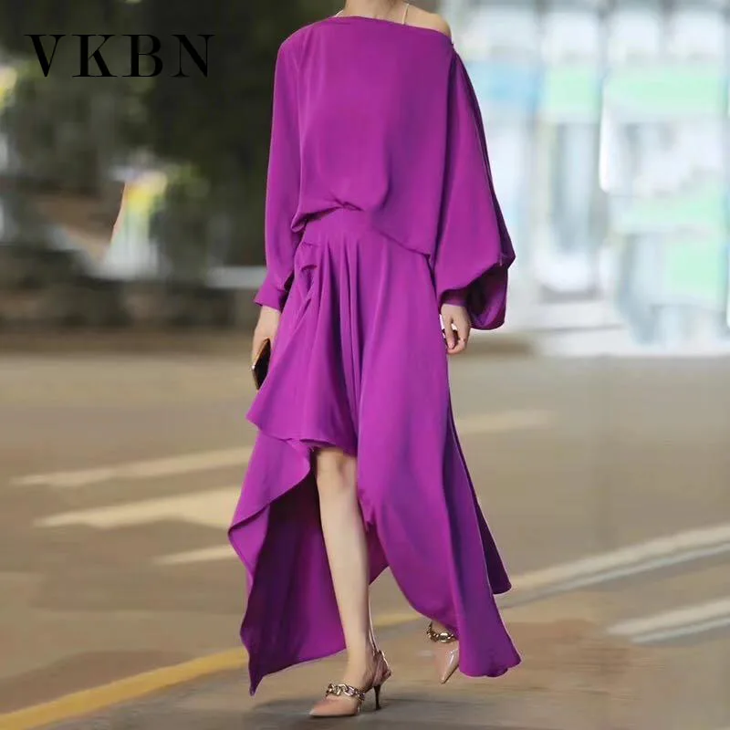 VKBN Irregular Top 2 Piece Set Women Purple Black Bare Shoulder Lantern Sleeve Elastic Waist Slash Neck Ruffle Skirt Set