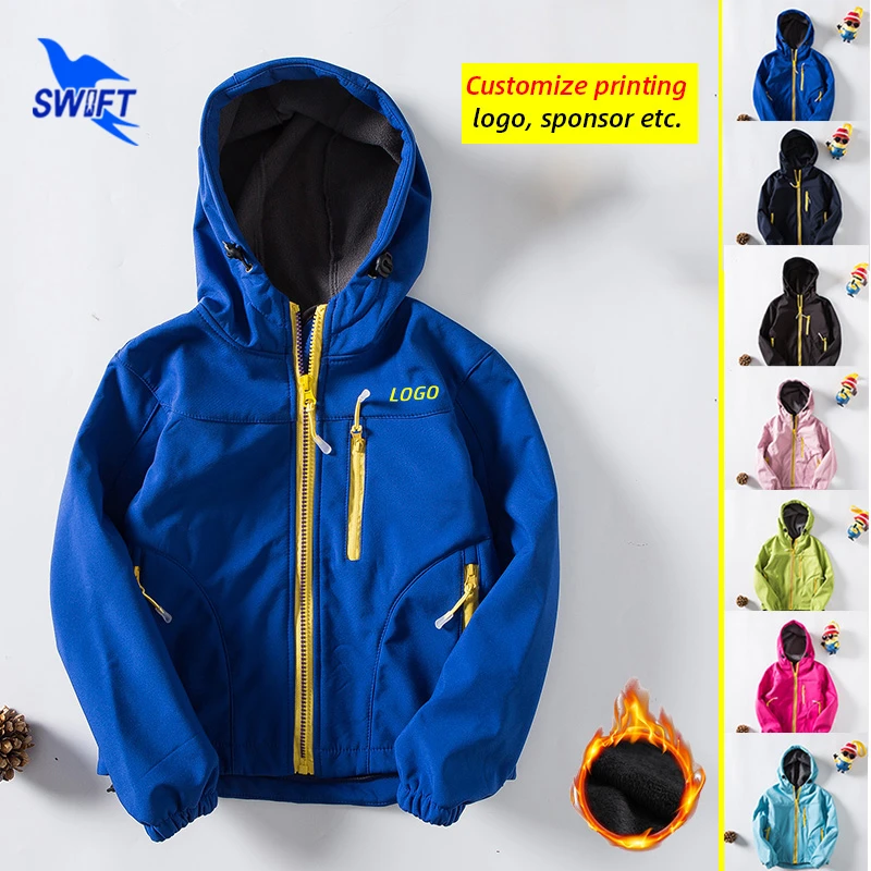 

2020 Winter Fleece Kids Waterproof Softshell Jacket Boys Girls Windproof Sportswear Outdoor Hiking Camping Hooded Coat Customize
