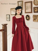 2021 spring autumn new arrival retro hot sale princess style square collar collect waist women long dress