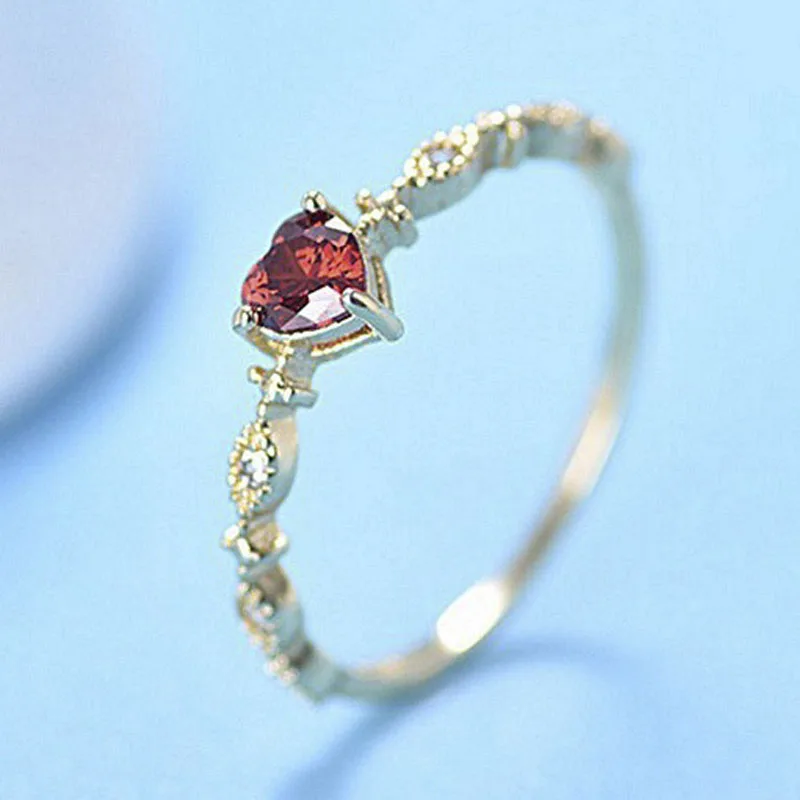

Milangirl Simple Gold Color Thin Minimalist Red Love Heart Shaped Crystal Rhinestone Zircon Ring for Women Wedding Engagement