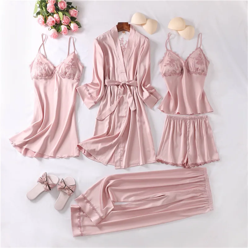 5PCS Faux Silk Women Pajamas Set Solid Sleepwear Shorts Spring Summer Homewear Robe Set Lace Nightdress Sleep Dress Pajama