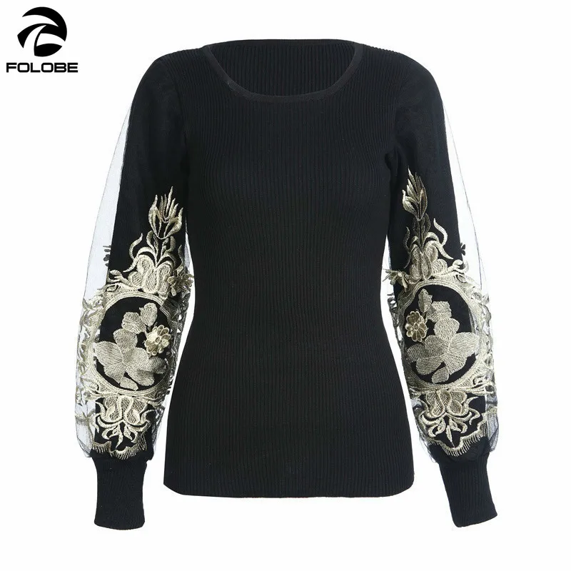 Осенне-зимний свитер с вышивкой золотой пуловер круглым вырезом и длинными