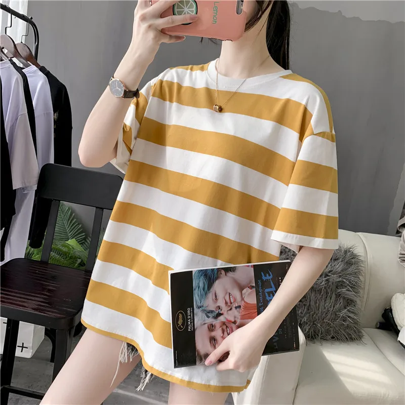 

Harajuku Women Striped Oversize Tshirt Chic Fashion 90s Short Sleeve Loose T-shirts Female Casual Tops Clothes Streetwear Tees