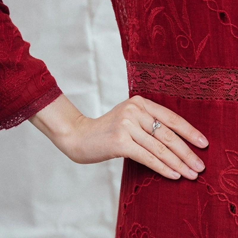 Женское кольцо с открытым хвостом Серебряное регулируемое из ротанга листьями 1 9