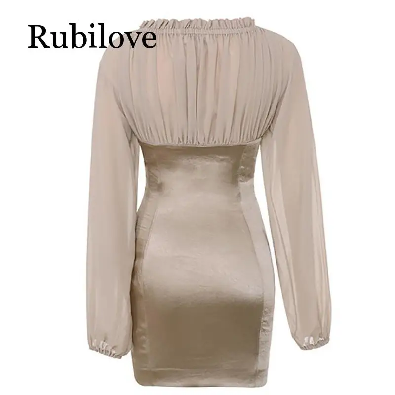 

Rubilove Sexy Off Shoulder Ruffle Dress Women Summer Puff Sleeve V-neck Patchwork Satin Bodycon Party Dresses Clubwear vestidos