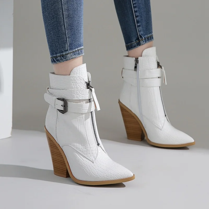 

2021 New Gold Snake Print Ankle Boots For Women Wedge High Heels Boot Woman Runway Design Chunky Heels Botas Mujer Westernshoes