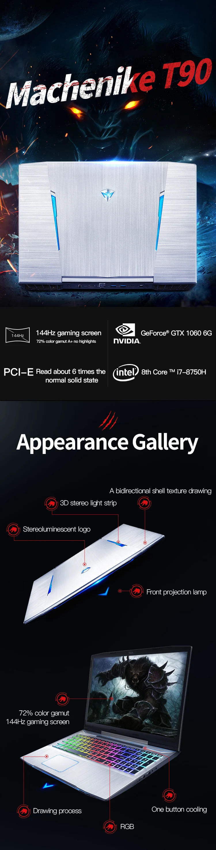 Игровой ноутбук Machenike T90-T6C(Intel Core i7-8750H+ GTX 1060 6G/8GB ram/256G SSD/15,6 ''144Hz72% NTSC) ноутбук Machenike-brande