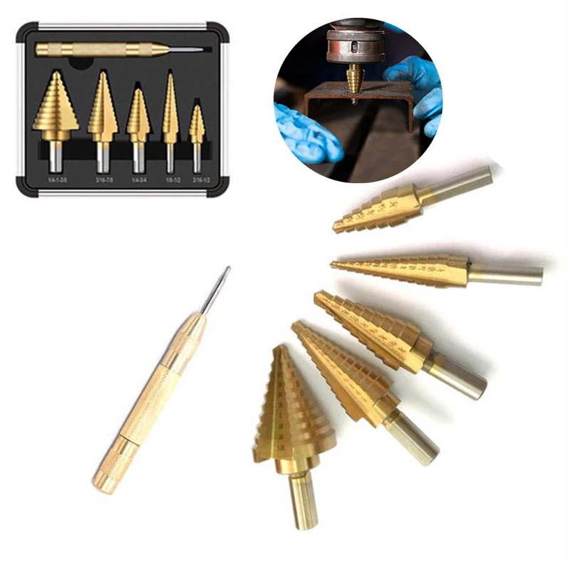 

British Pagoda Drill Triangular Handle Straight Groove High Speed Steel Step Drill Carbon Steel Plate Steel Drill Bit Set 6pcs