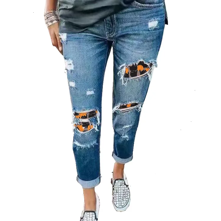 

Ladies Jeans Ripped Holes Halloween Contrast Jeans Trousers Women Trousers