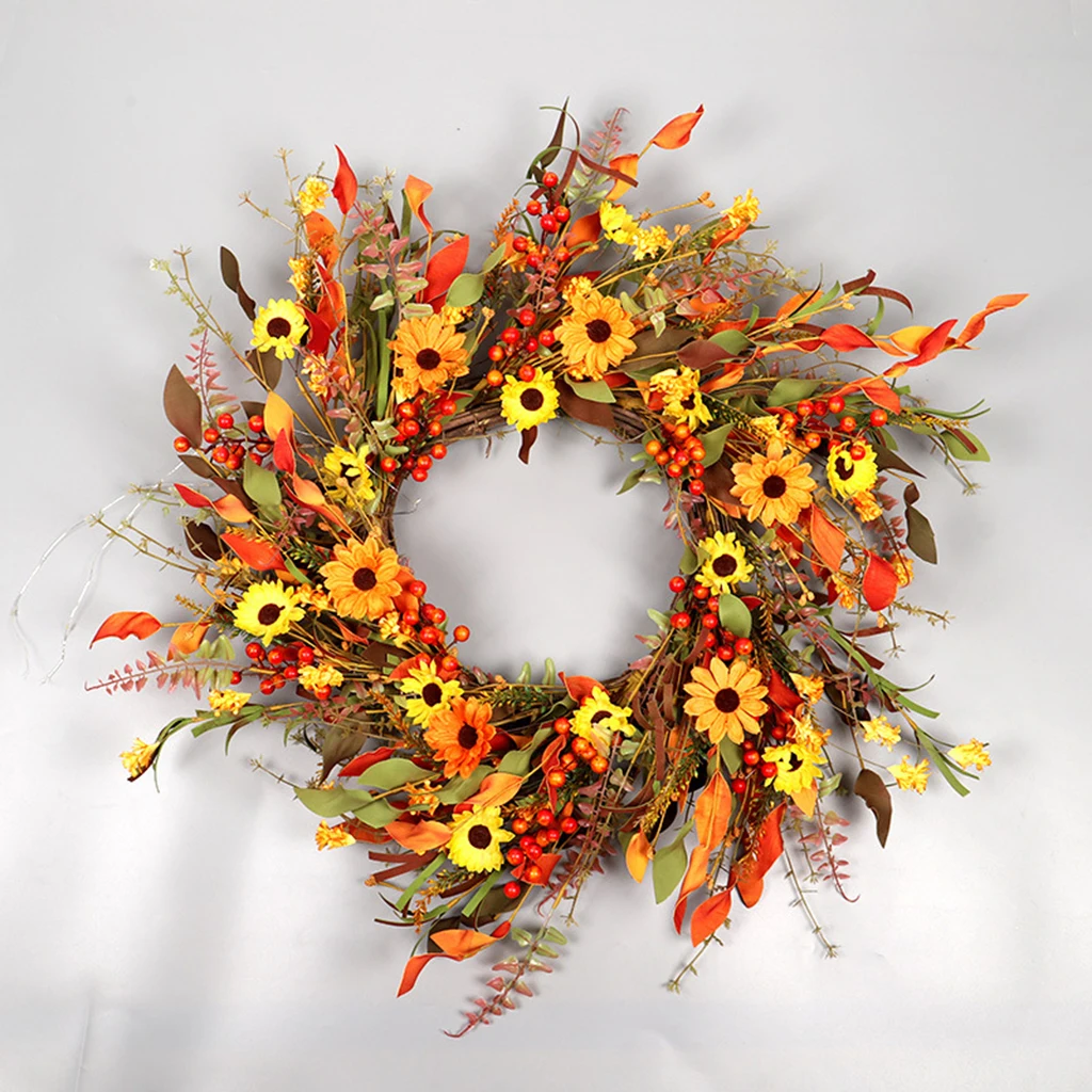 

Fall Artificial Floral Daisy, Red Berries Wreath 65cm Indoor Outdoor Decor Thanksgiving Day