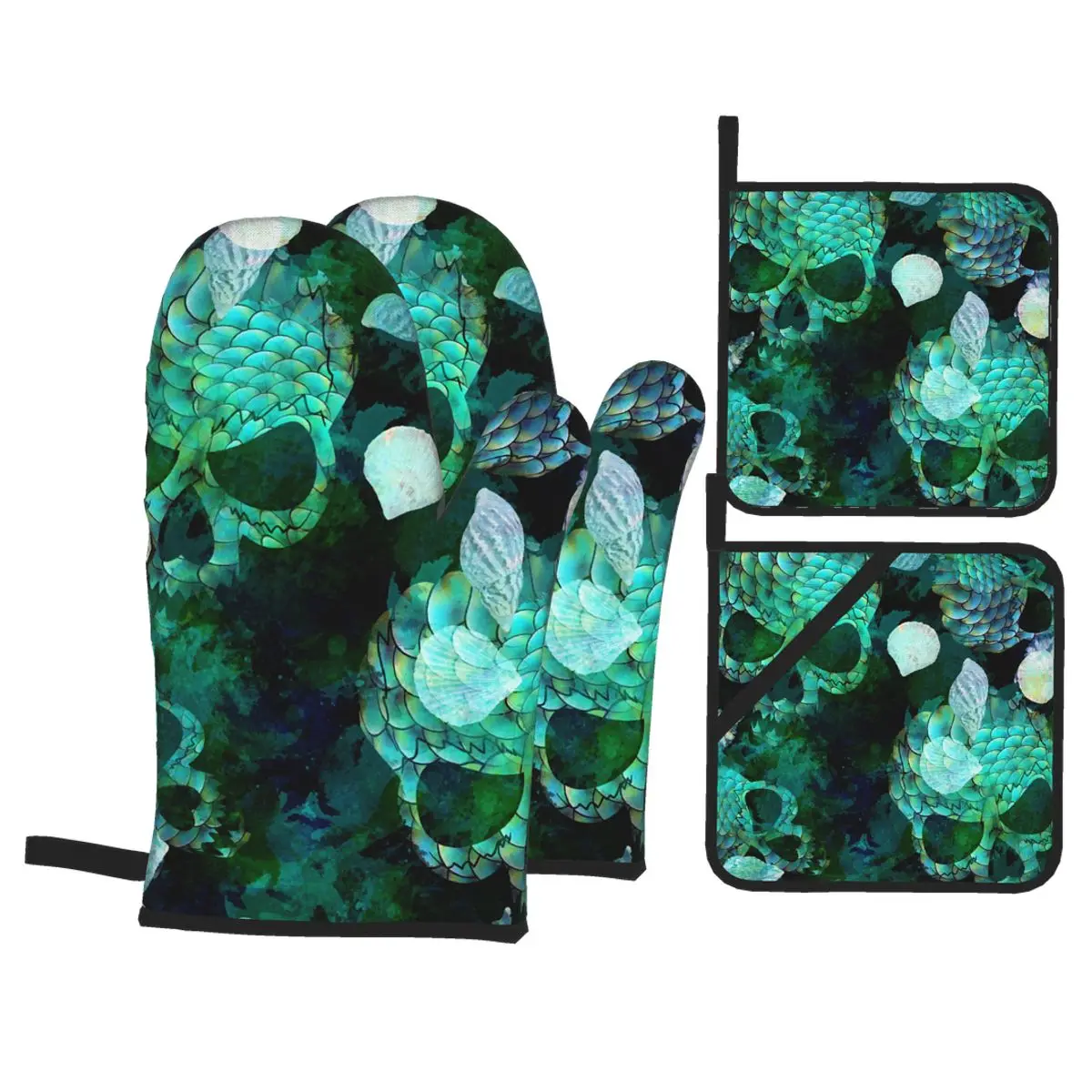 

4 шт. Кухня перчатки изоляционная прокладка чешуя Русалки морских ракушек; Декор в виде черепов и Пособия по кулинарии микроволновая печь пе...