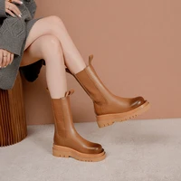 leather mid calf boots autumn winter women square heels lady shoes soft leather chunky black brown round toe platform boot