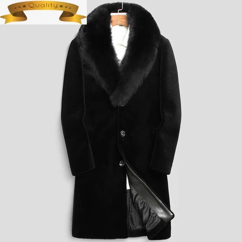 

Coat Winter 100% Wool Jacket Men Real Sheep Shearling Fur Long Coats Mens Fox Fur Collar Warm Jackets 7xl LSY090092 MY1812