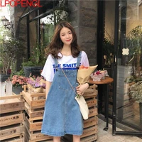 women dress 2021 new chic fashion with denim strap dress all match loose washed spring summer vintage blue cute pockets