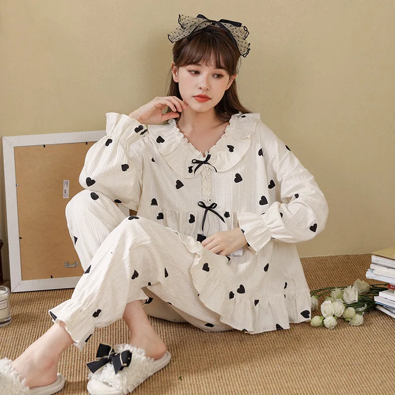Autumn Winter Two Piece Set 100% Pure Cotton Long Puff Sleeve Trousers Women Pajamas Suit Cute Princess Style Sleepwear Homewear