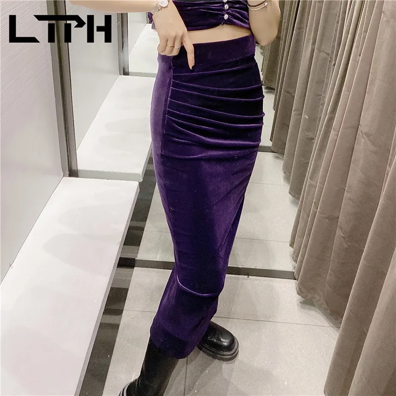 

LTPH Korean High Waist back zipper women Skirts velvet texture Folds slim mid-length side slit skirt 2021 Spring Autumn New