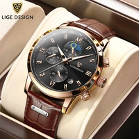 lige luxury mens watch luminous waterproof sport watch for men chronograph military leather wristwatch moon phase quartz watch
