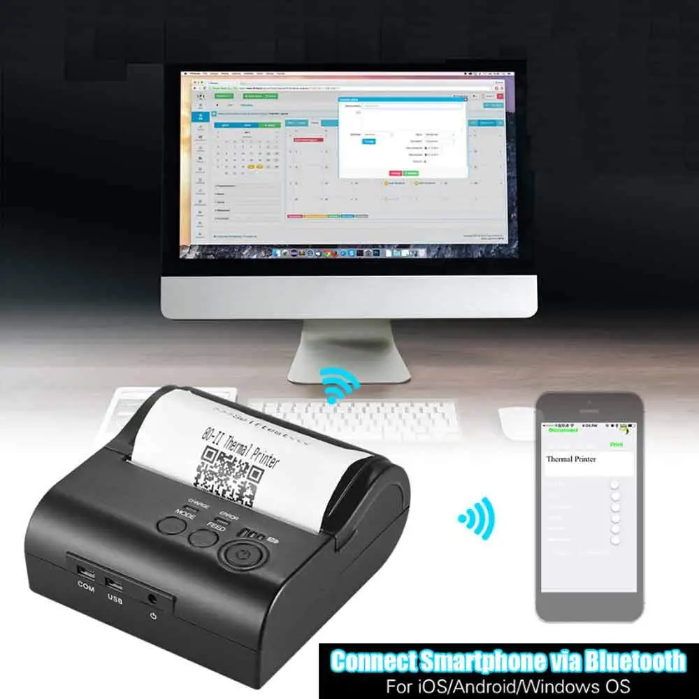 Портативный мини принтер 80 мм Bluetooth беспроводной термопринтер для чеков на