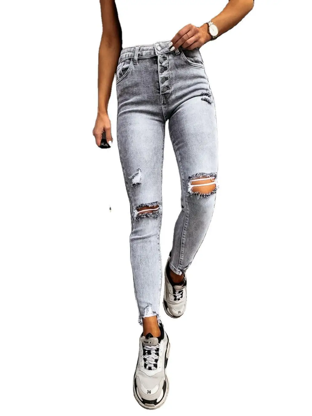 

WEPBEL Women's Casual High Waist Single-Breasted Hole Denim Pencil Pants Spring and Autumn Fashion Solid Color Slim Jeans