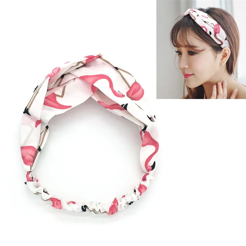 

Women Elastic Headbands Boho Cross Printed Animal Flamingo Turban Girls Chiffon Striped Hair Bands for Girl