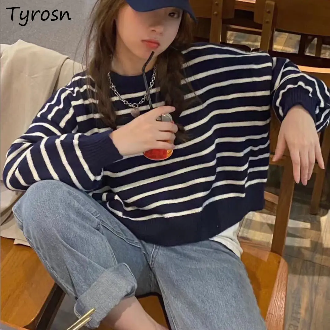 

Striped Sweaters Pullovers Korean Style Single-breasted Loose Fashion Harajuku Leisure All Match Streetwear Ulzzang Casual New