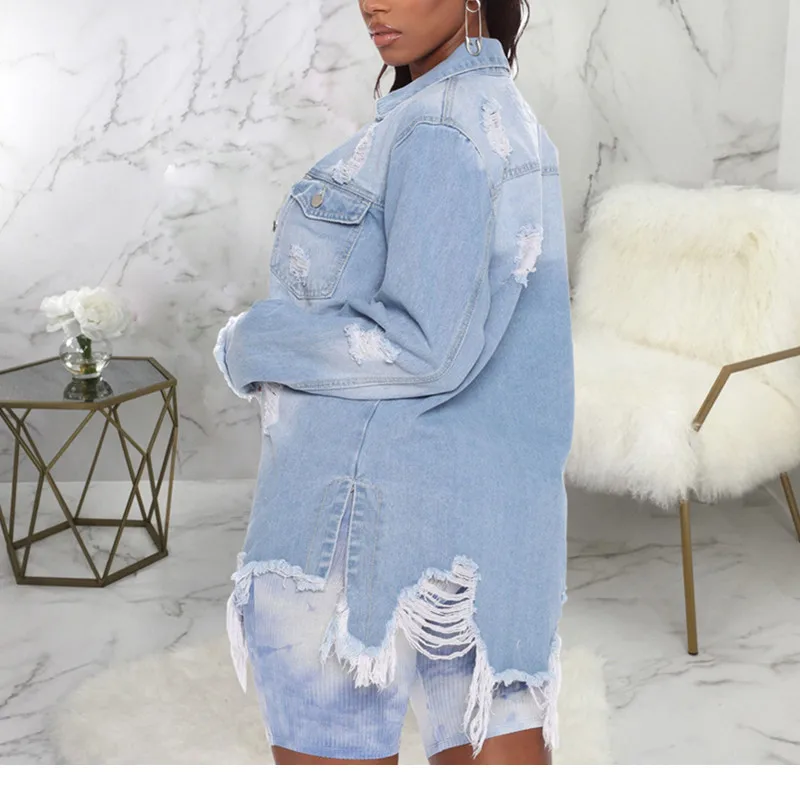 

Autumn Women Sexy Ripped Denim Jackets 2021 Vintage Casual Long Jean Jacket Winter Female Long Sleeve Coat Streetwear Plus Size
